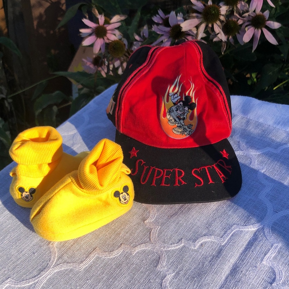 DISNEY Mickey Mouse baby booties & toddler Super Star fire themed baseball cap
